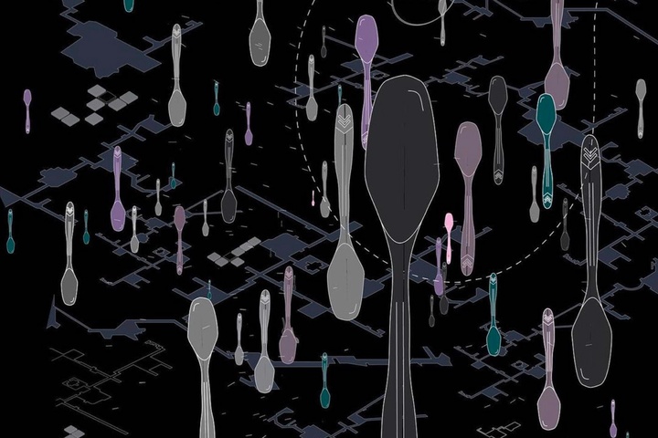 Large-format diagram of floating gray, lilac, and jade-colored spoons of different sizes, arranged vertically.