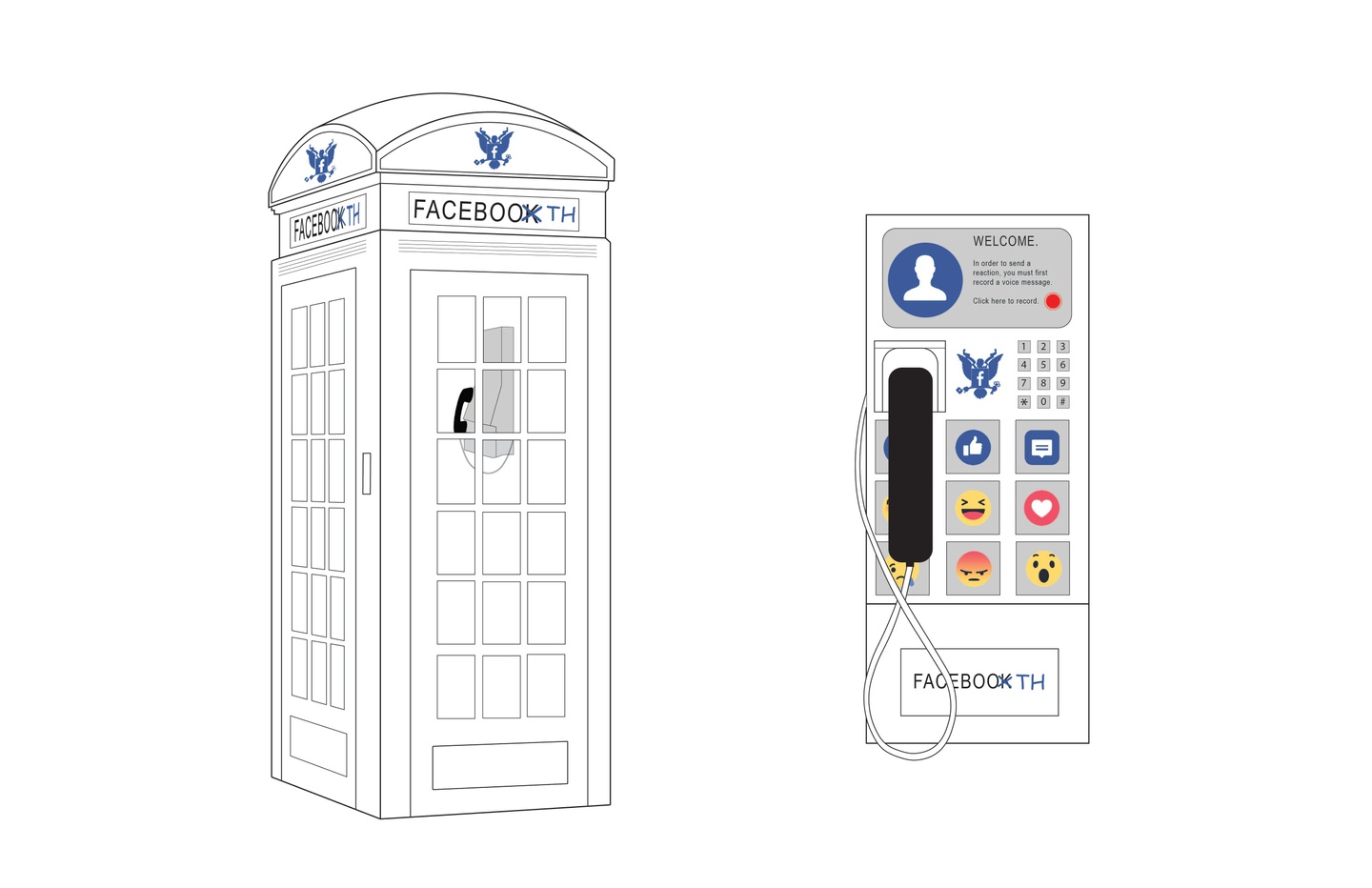 Perspective drawing of a "Facebooth" which looks like a telephone booth but with a large keypad with reaction emojis in addition to a phone.