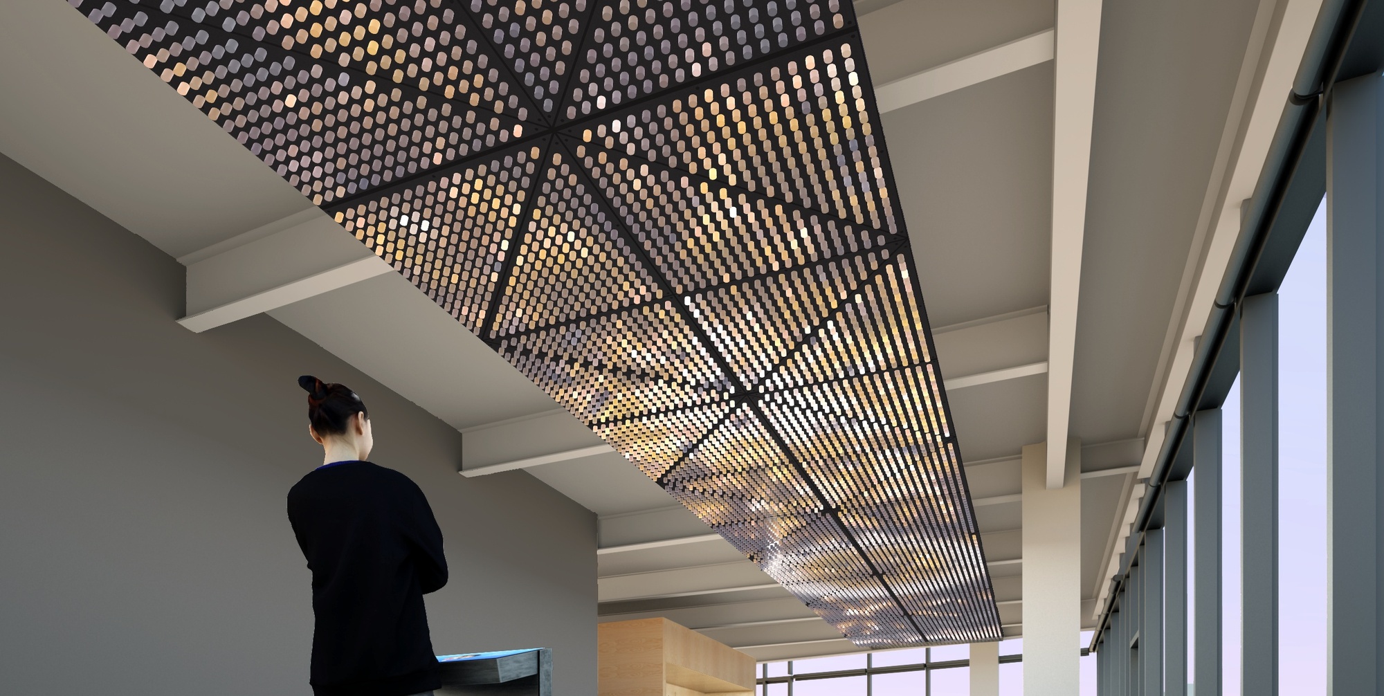 Render of woman looking up at installation attached to ceiling composed of light-emitting modules