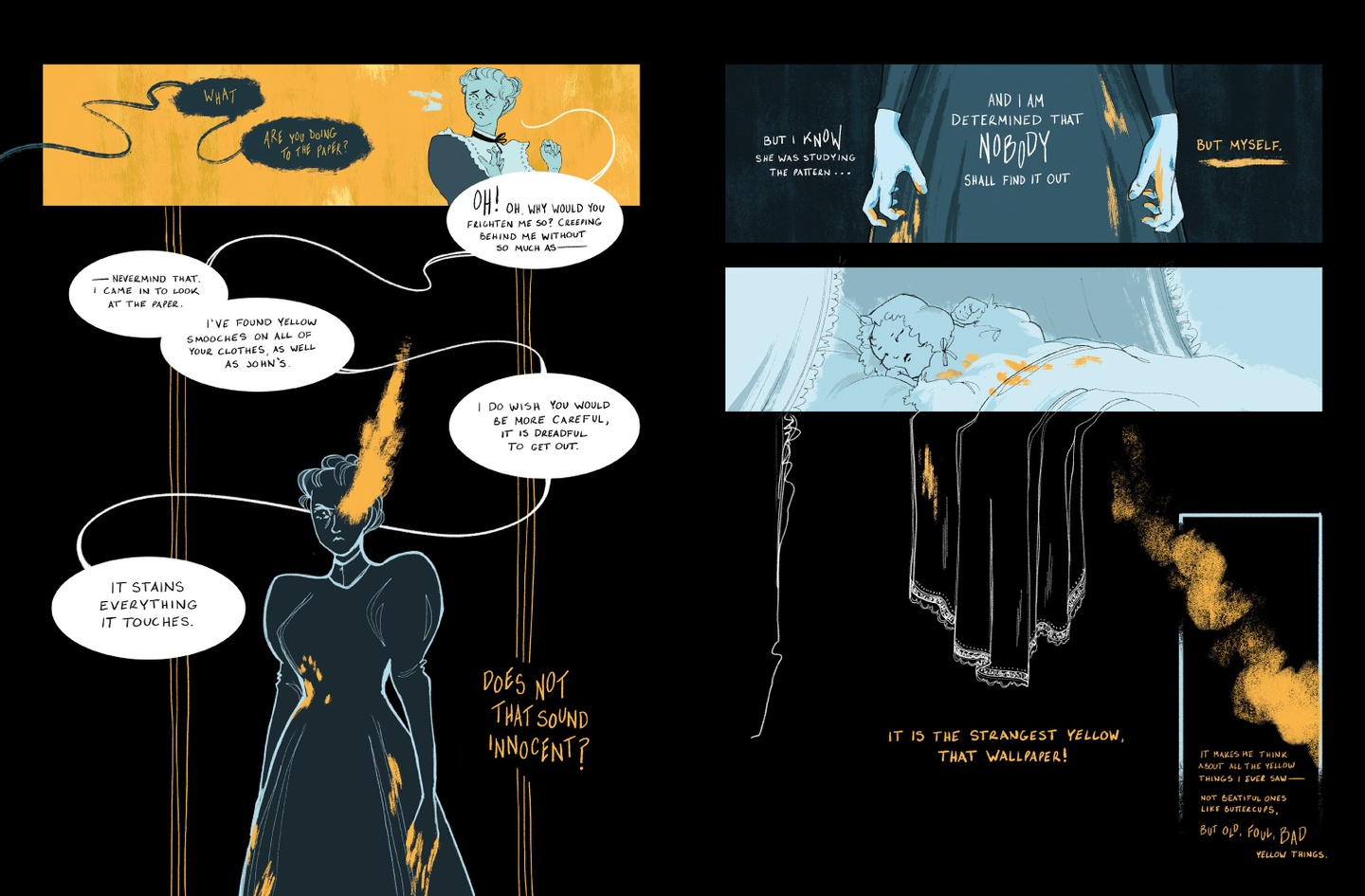 Open spread of illustrated comic panels in yellow, blue tones on black with a visably distressed figure talking to unpictured person.