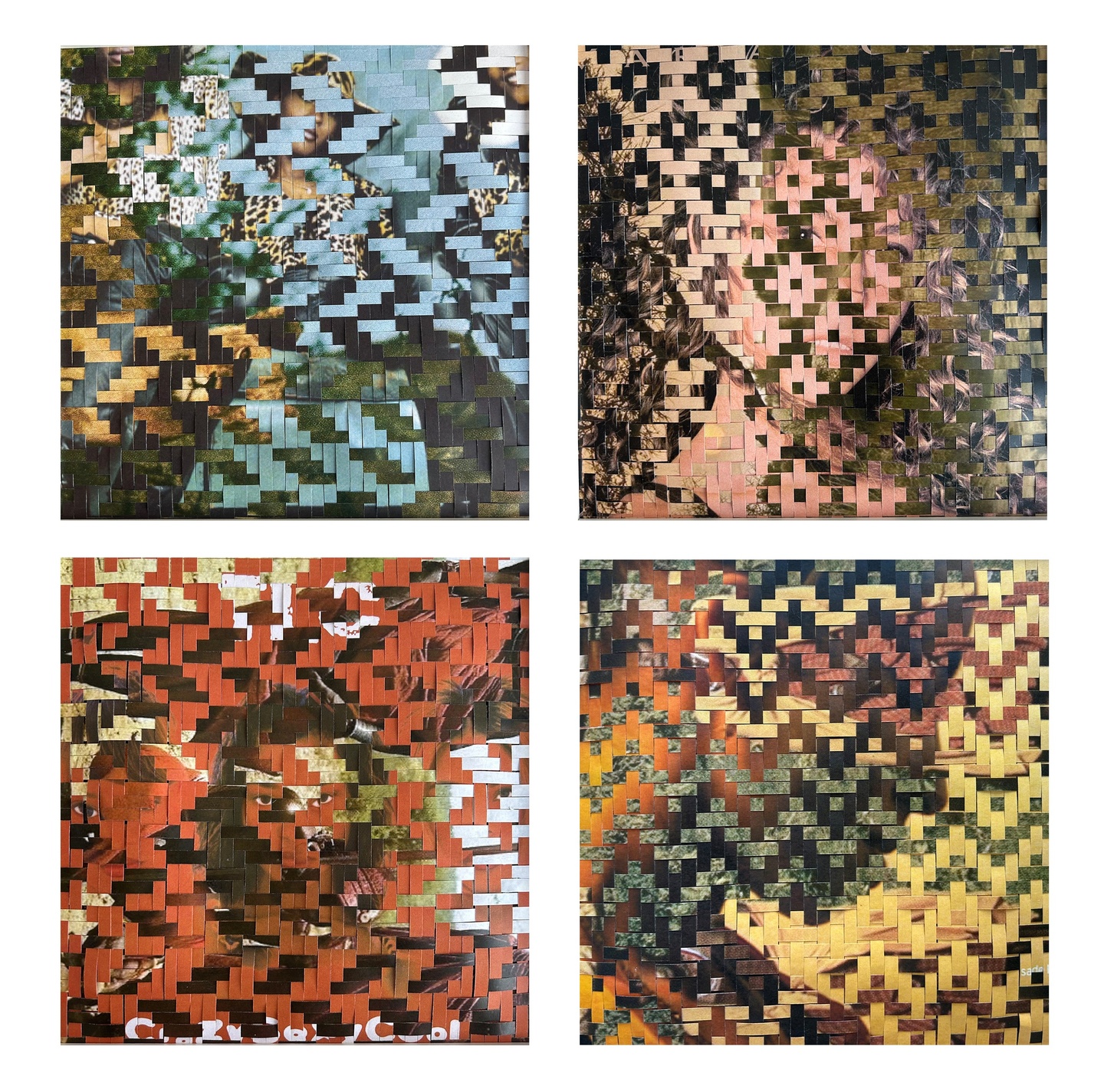 A four panel design of images cut into strips and woven together. 