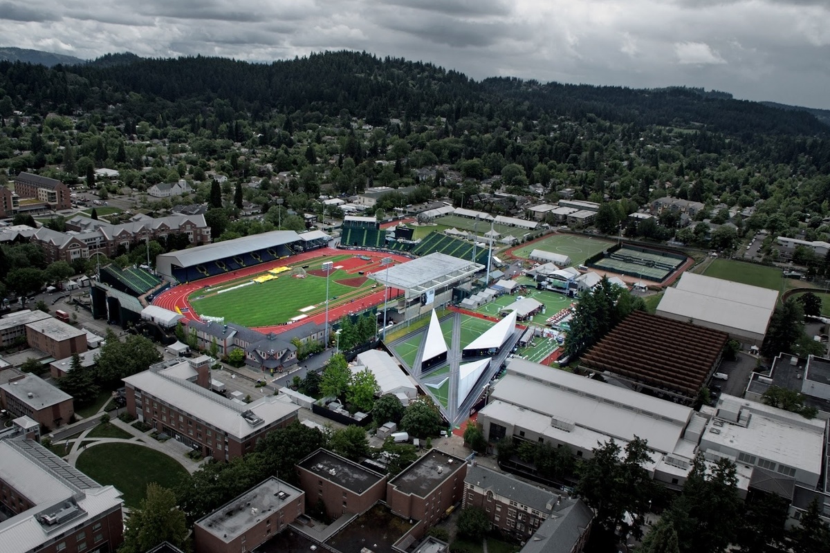 A far away view of Camp Victory surrounded by other buildings in Portland, Oregon