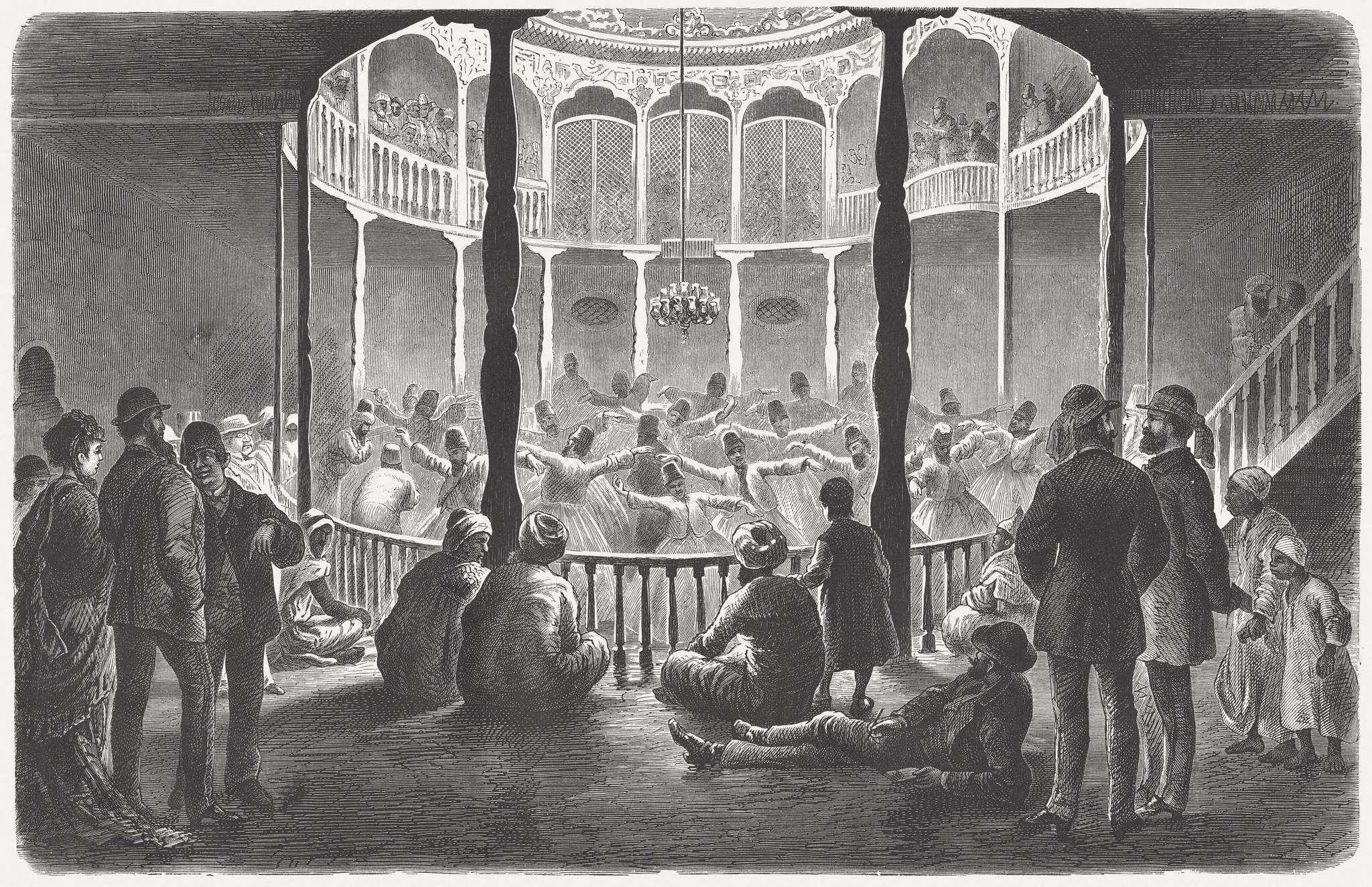A 19th-century drawing of a group of whirling dervishes dancing