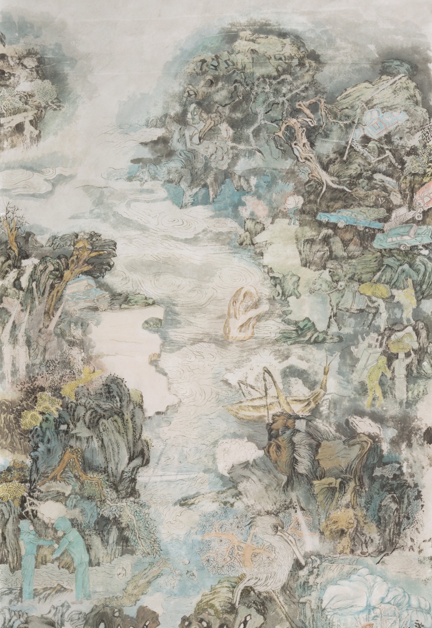a detail of artist Yun Fei Ji's detailed drawing made with ink and mineral pigment which depicts a landscape and people from various perspectives