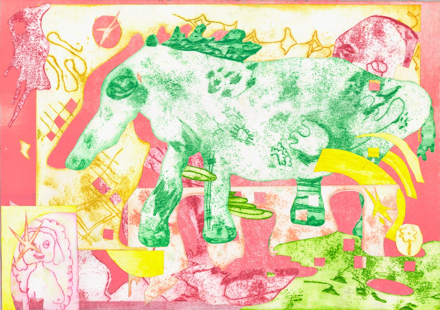 A sketchy, green horse atop a yellow and pink background.