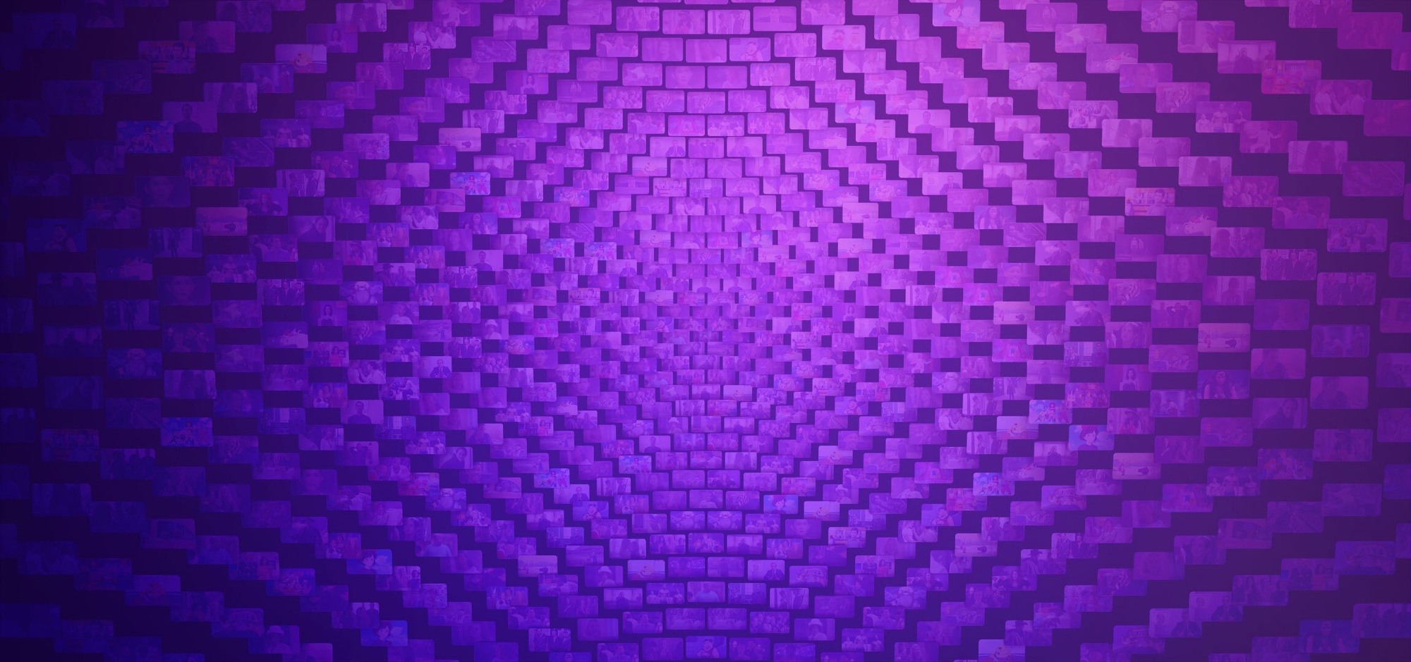 Design of numerous overlapping purple rectangles with media clips arranged in a rhombus