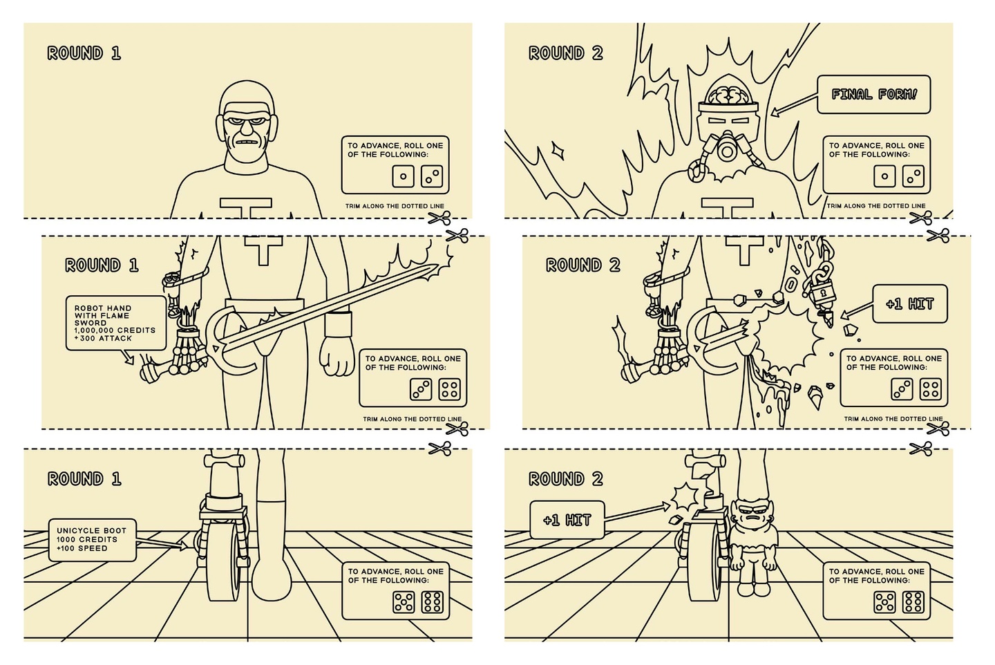 Sample uncolored pages from Paper Fight in three sections - head, torso, and legs of the fighter. Different pages show upgrades being made to armor or hits being taken and parts of the fighter being destroyed.