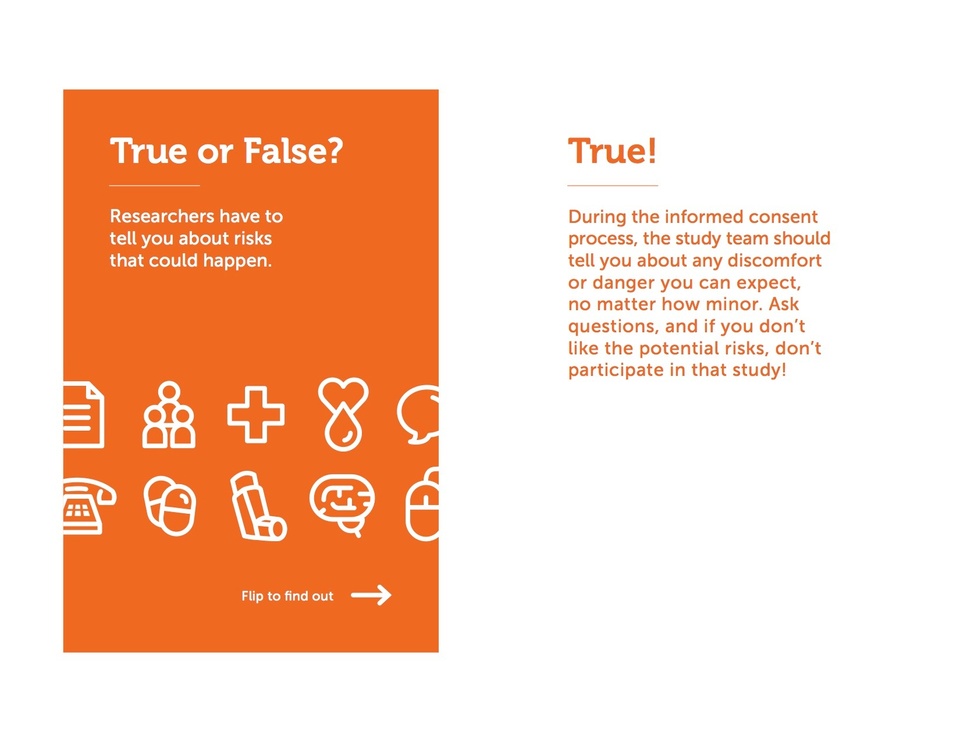 Front and back of a flash card reading "True or False?" with information about health research printed on them.