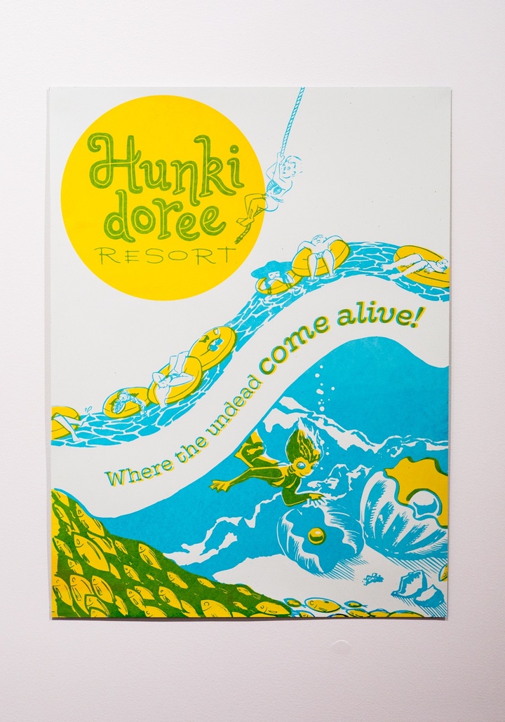 Illustrated 2-color poster for the Hunkidoree Resort, "Where the undead come alive!" showing a bug-eyed creature freediving for clams underneath a bunch of normal humans floating on tubes.