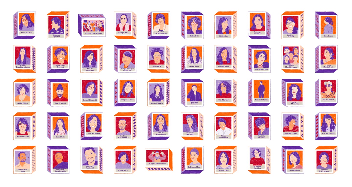 A 5 (row) by 10 (column) composition of various portraits of people, all illustrated in saffron and purple hues. Each portrait is on the face of a three-dimensional cuboid, oriented on various axes, with the people's/subject's name below their portrait.