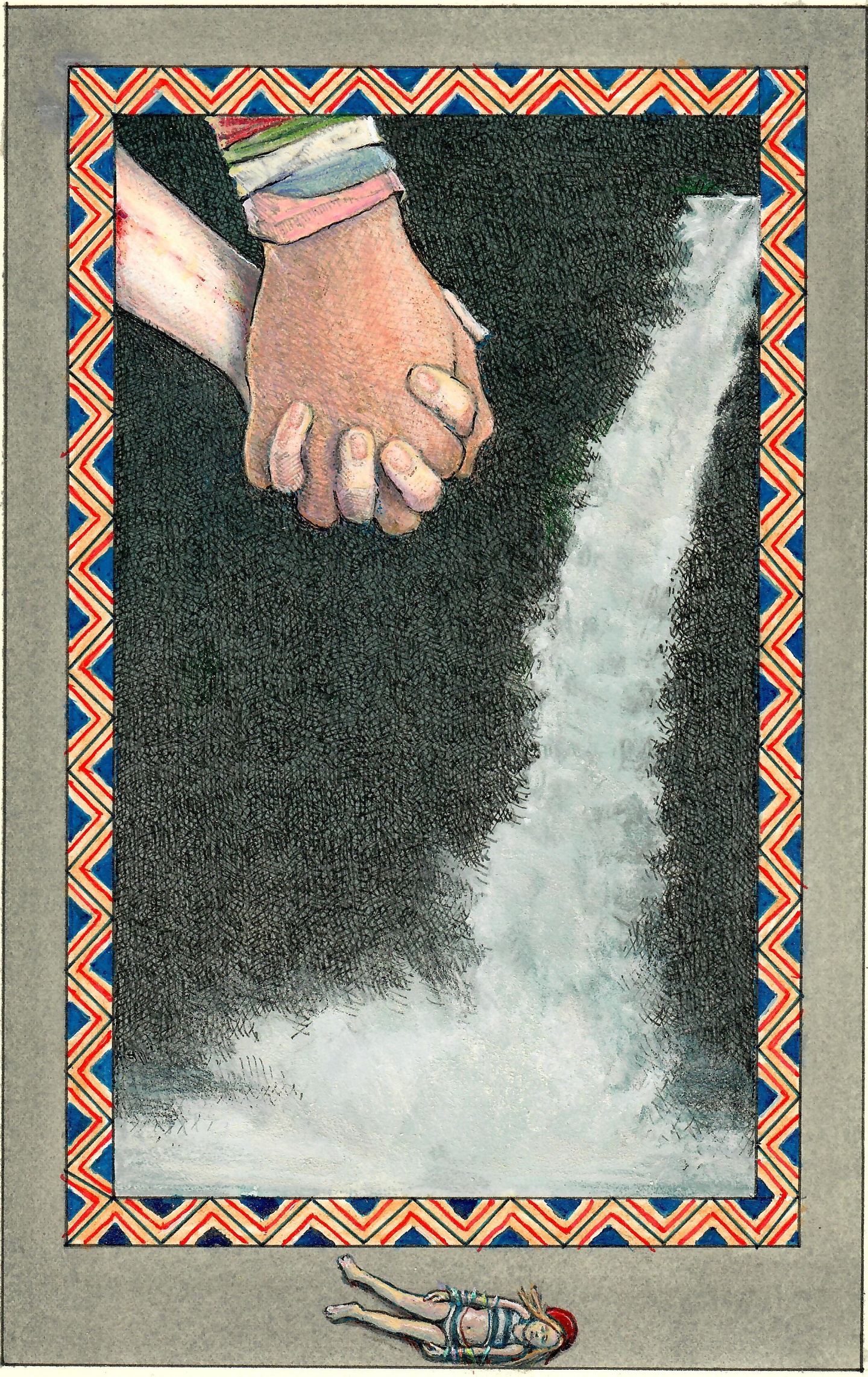 Two people holding hands, their interlocked hands only visible in the upper left corner, framed by a geometric border in peach/cream, red, green, and blue, around which is a gray background. The two hands are above a waterfall; a person lays on the exterior gray border, at the center.