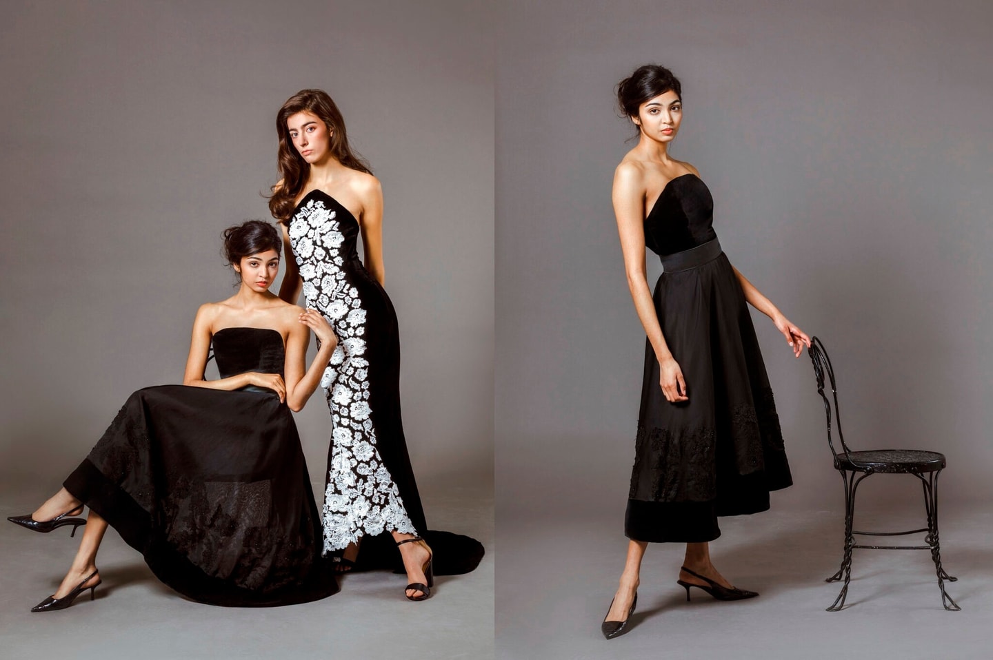 photo on left is two models, one sitting in strapless black calf length dress, the other standing behind her in a strapless black and white ankle length dress. Photo on the right is the model in the black dress standing with her hand resting on the back of a chair