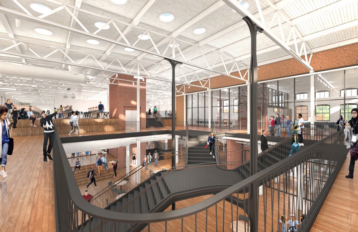 Perspective rendering inside a communal space with rich wood floors and a high, white ceiling with white beams + details and pod lights. Two open staircases are prominent in the center, showing the view to the floor below.