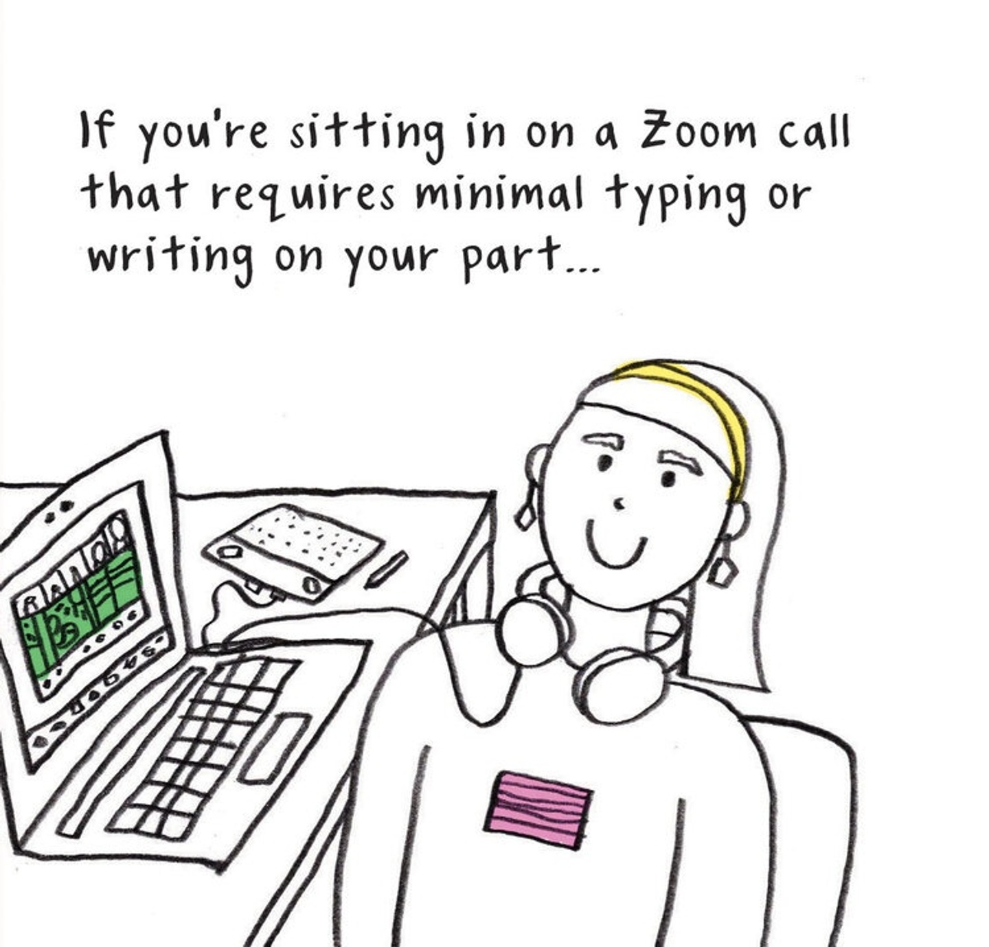 Line drawing of a smiling person with a laptop open to a Zoom meeting.