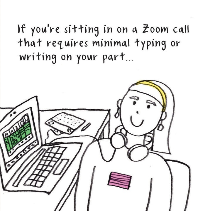 Line drawing of a smiling person with a laptop open to a Zoom meeting.