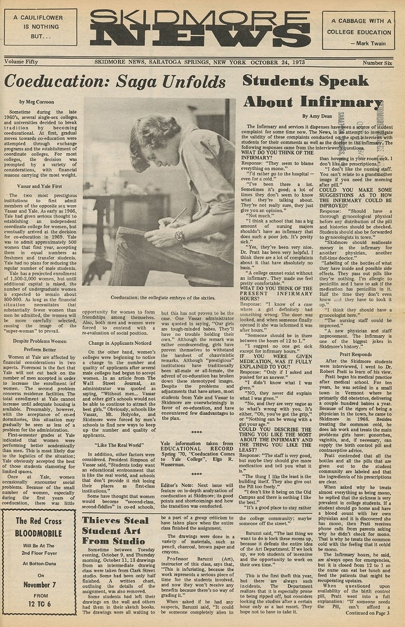 The yellowed front page of a Skidmore News issue features the headline “Coeducation: The Saga Unfolds” accompanied by photograph of a light-skinned person sitting down, taken from the side.