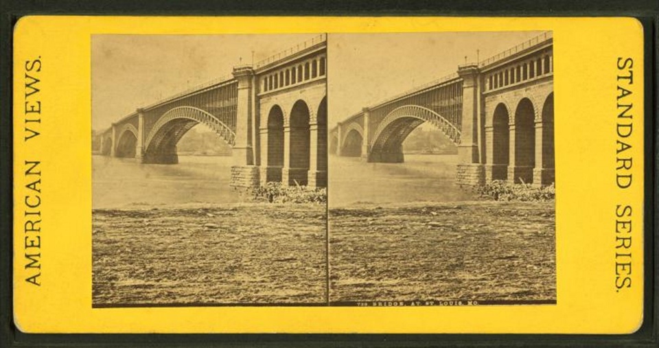 Horizontal, yellow poster with side-by-side images of the Eads Bridge spanning over the Mississippi River.