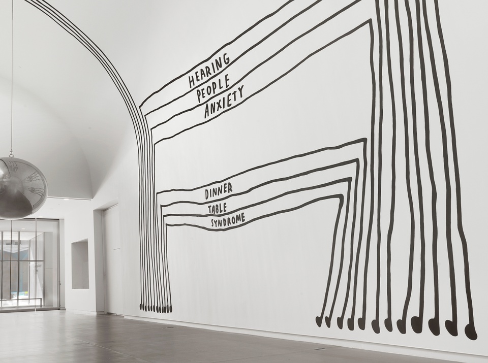 Mural showing black lines for two large sets of stacked tables; the words "Hearing/People/Anxiety" appear in rows for the top stack, and the words "Dinner/Table/Syndrome" appear in rows for the bottom stack. The bottoms of the table legs are musical notes. To the left, a giant round, silver sclupture hangs from the ceiling.