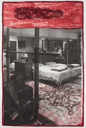 Black and white photograph image of a basement bedroom with gym equipment in the forefront  with faded red embellishments throughout and on top of the composition