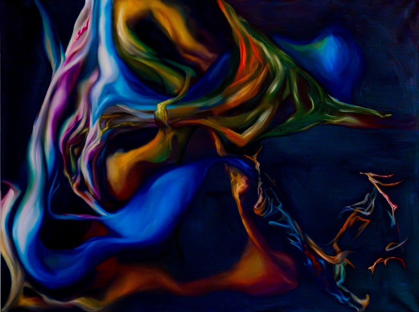 A blue abstract work of undulating forms and a viscous feeling. 