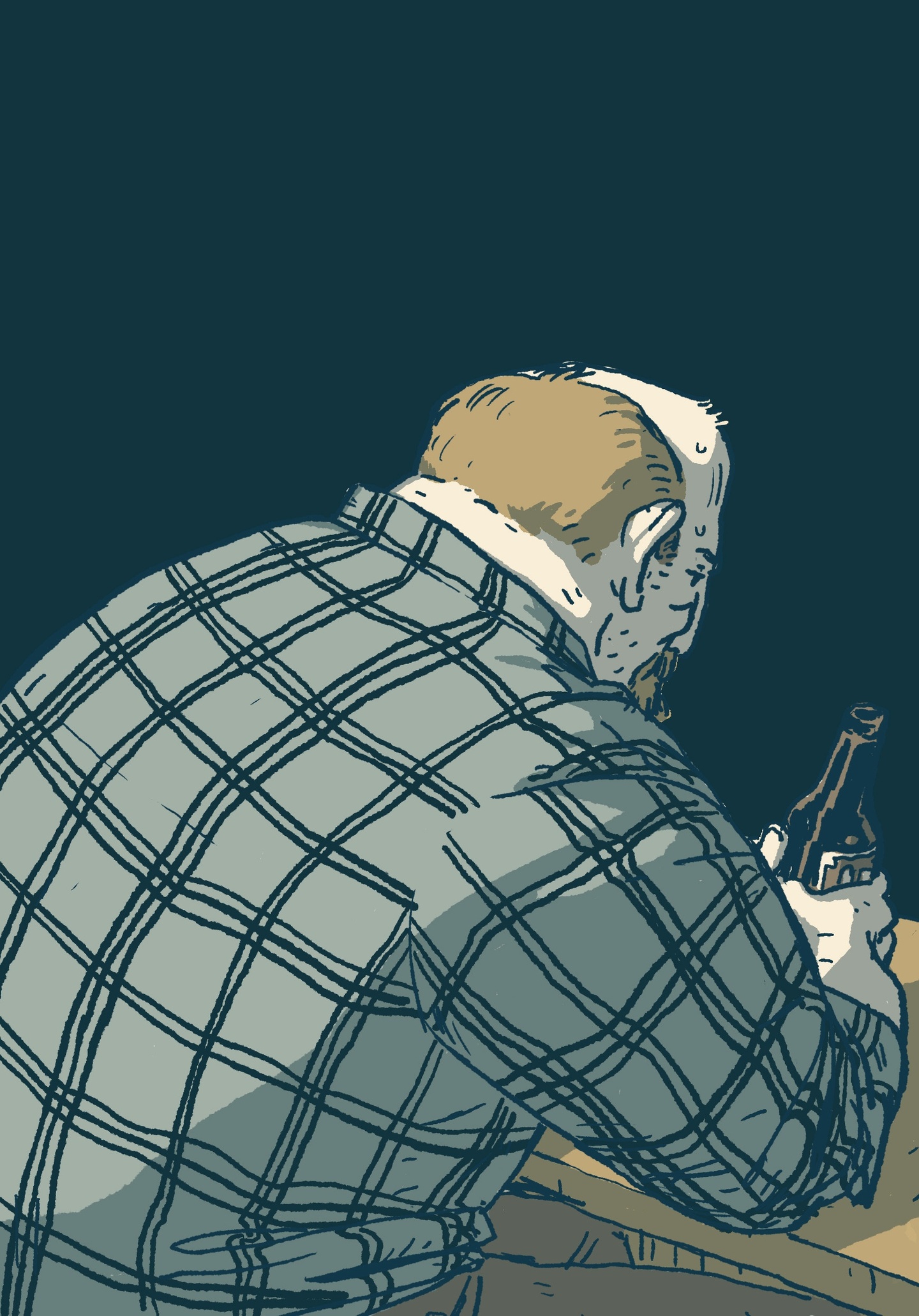 Person in a flannel hunched over a countertop holding a bottle. The background is a deep slate/teal blue. The person looks forward intensely.
