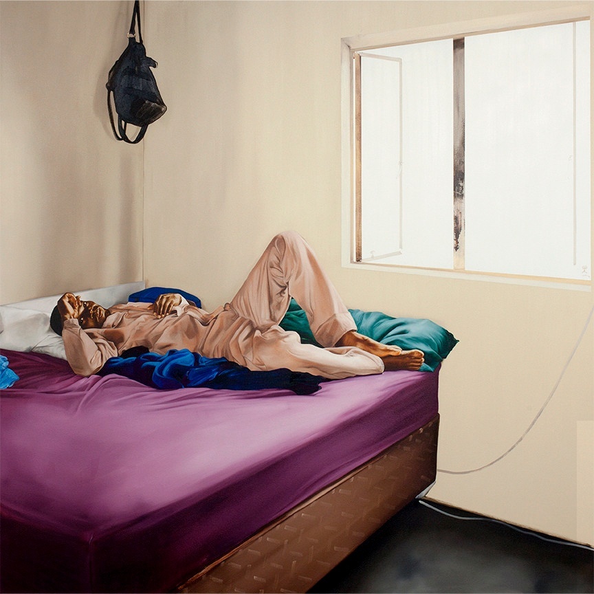 Acrylic work showing a person lying on a bed with purple sheets, their hand over their head, a backpack suspended from the ceiling above them.