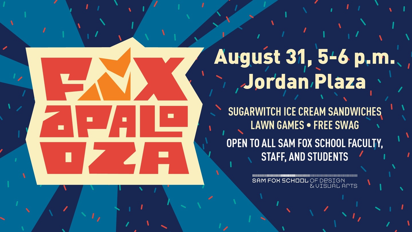 Blue graphic with colorful sprinkles and the word Foxapalooza with event details.