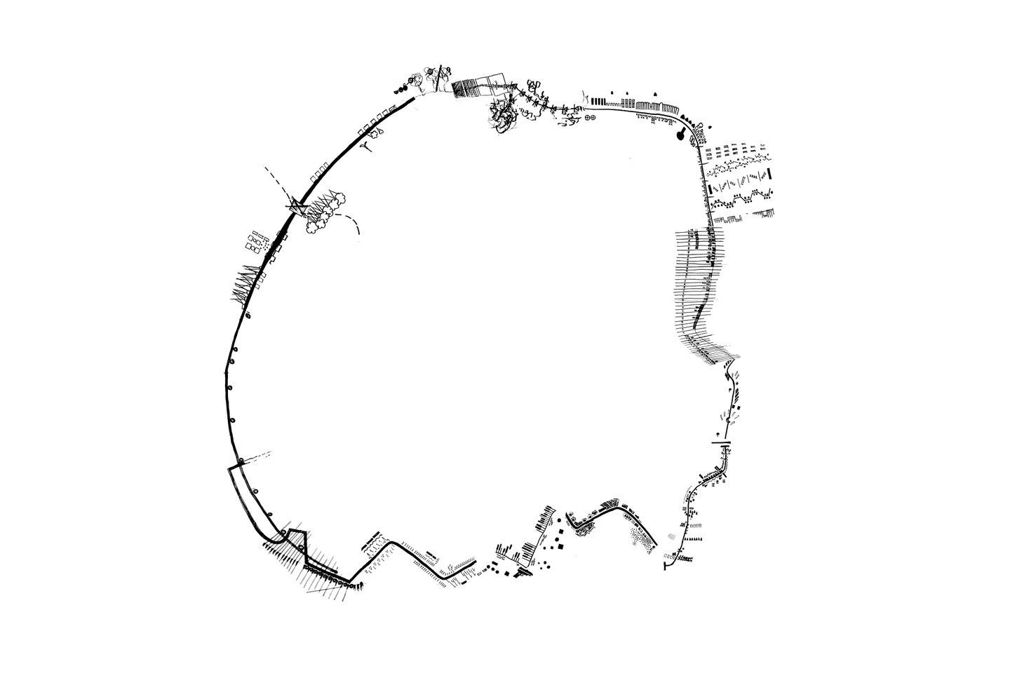 A drawing using symbols related to sound stretched over a set distance