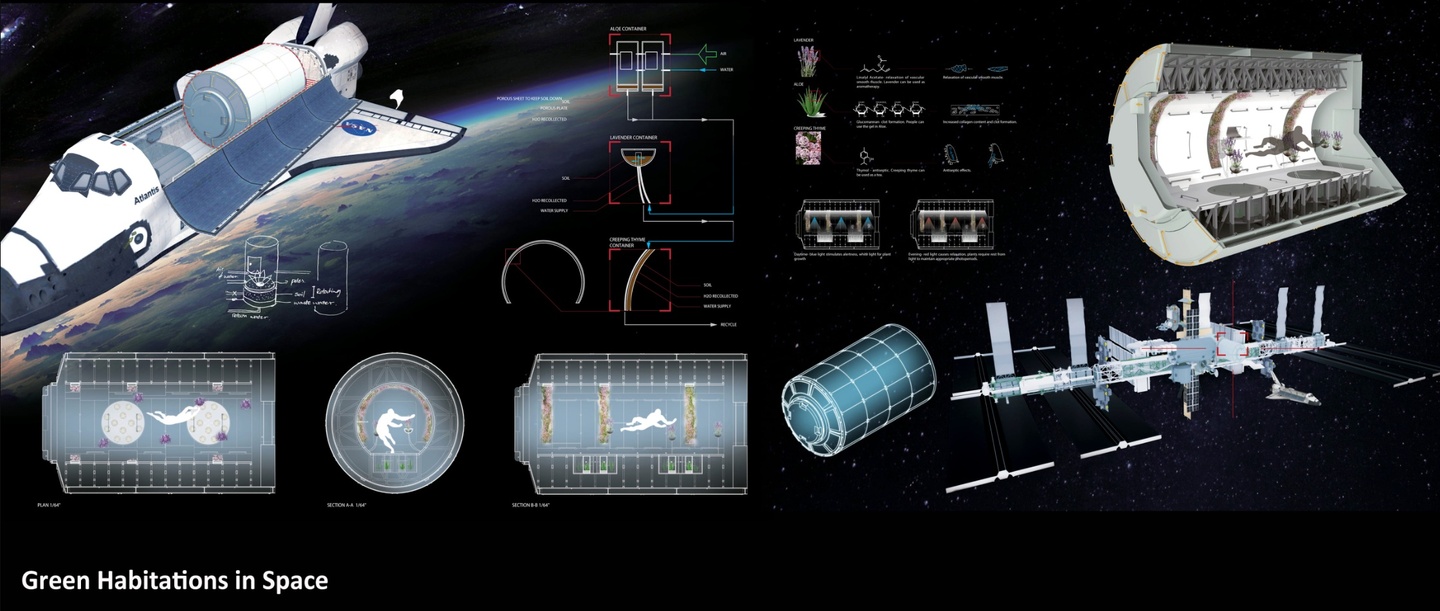 Renderings of a hypothetical spaceship, outfitted with a green interior environment. The diagrams indicate how personnel would interact with and benefit from the plants inside the ship. Text on screen reads Green Habitations in Space. 