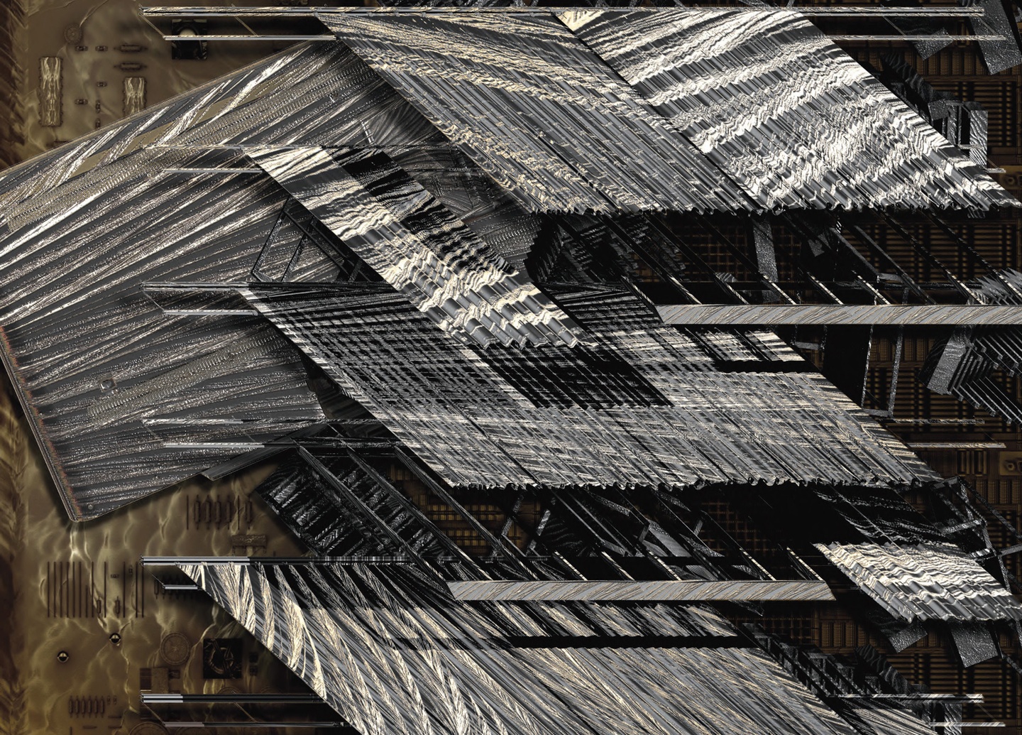 Detail view of a digitally rendered image of several silver-colored rectangles with textured surfaces, set against a pewter background.