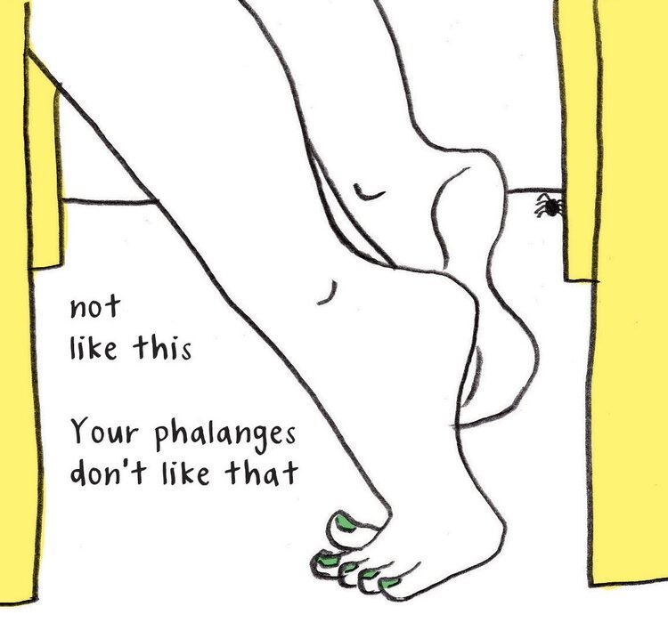 Line drawing of a person's feet kicked back underneath a chair, flexing forward.