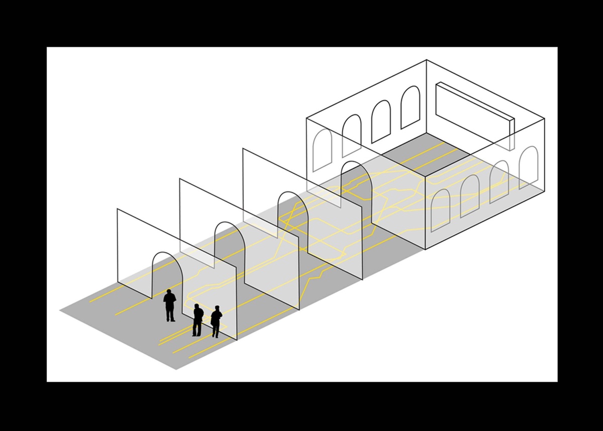 Axonometric of a series of scrim archways with map on ground. 