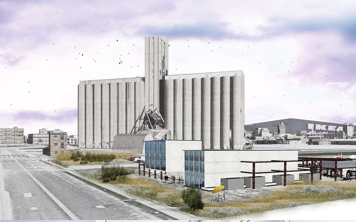 A large white building in the middle of the city