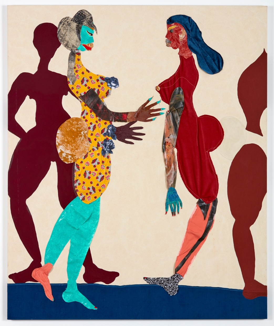 Two abstract, colorful, voluptuous female figures made of different patterned material stand facing each other. Two brown, female shapes are in the background.
