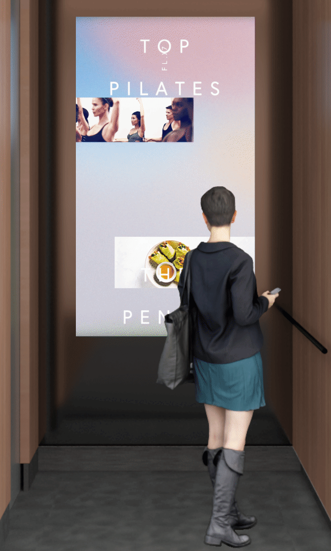 Woman standing in elevator with images running over digital gradient