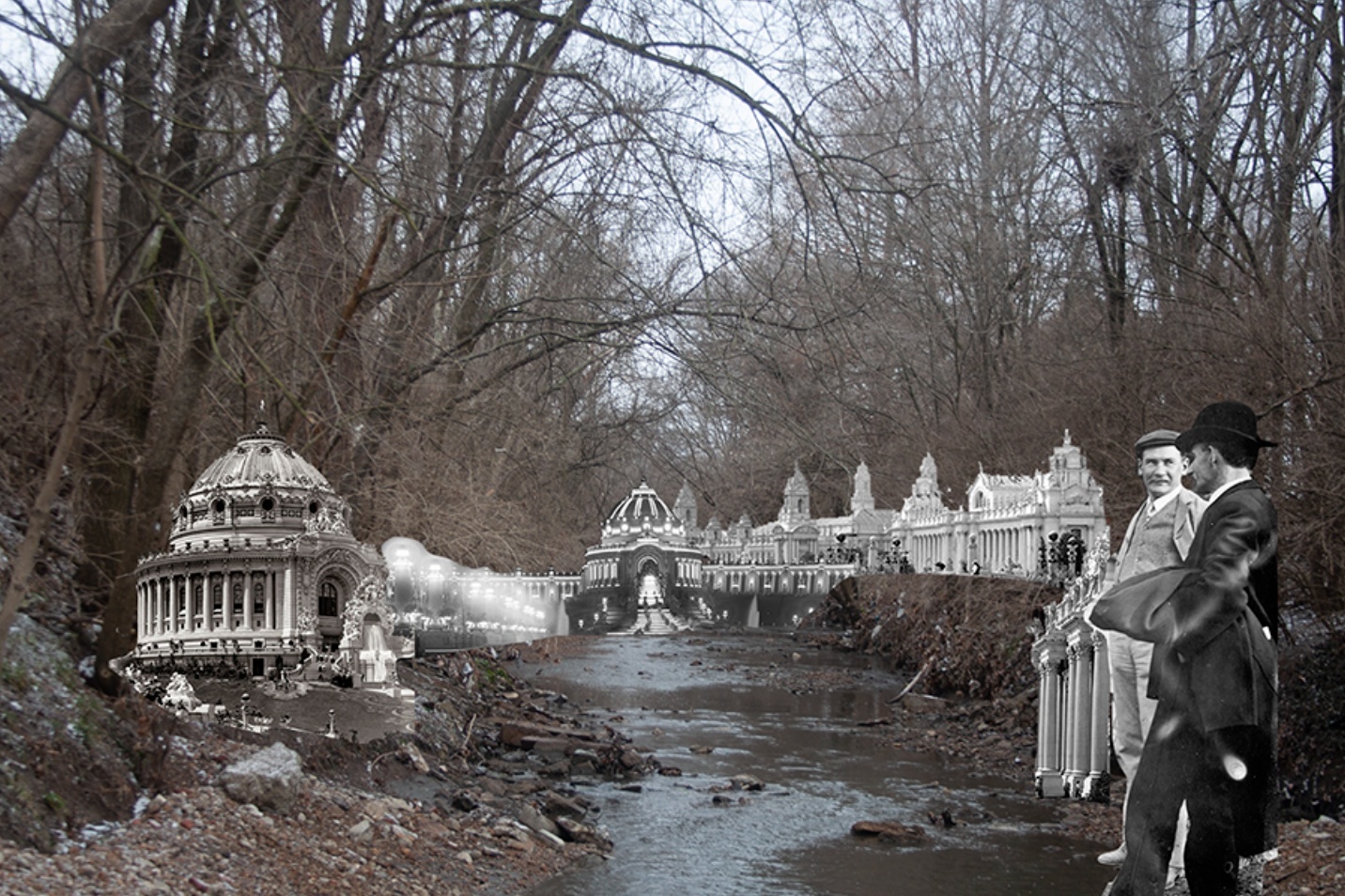 An image of a riverbed in winter overlaid with historical images of buildings and people from the 19th century.