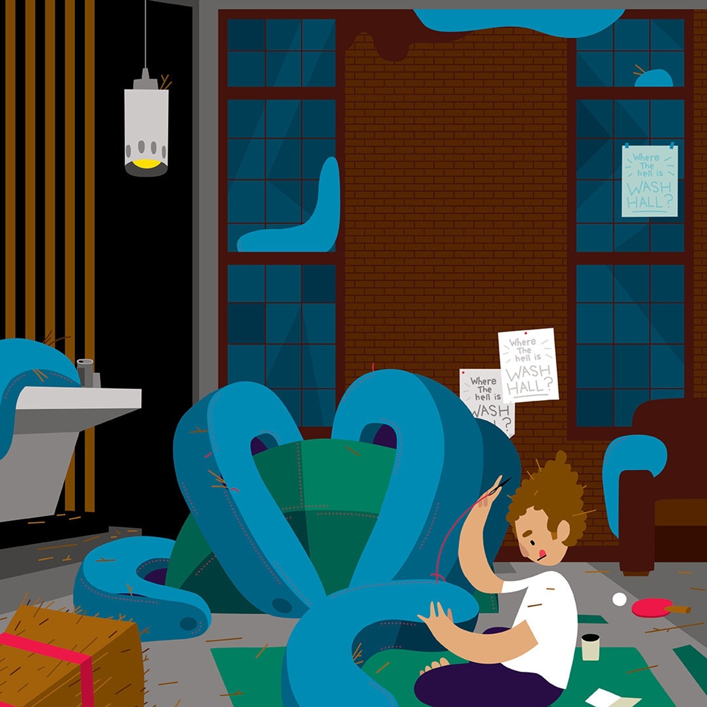 Digital illlustration of a person seated on the floor, hand-sewing part of a large, blue 3D sculpture.