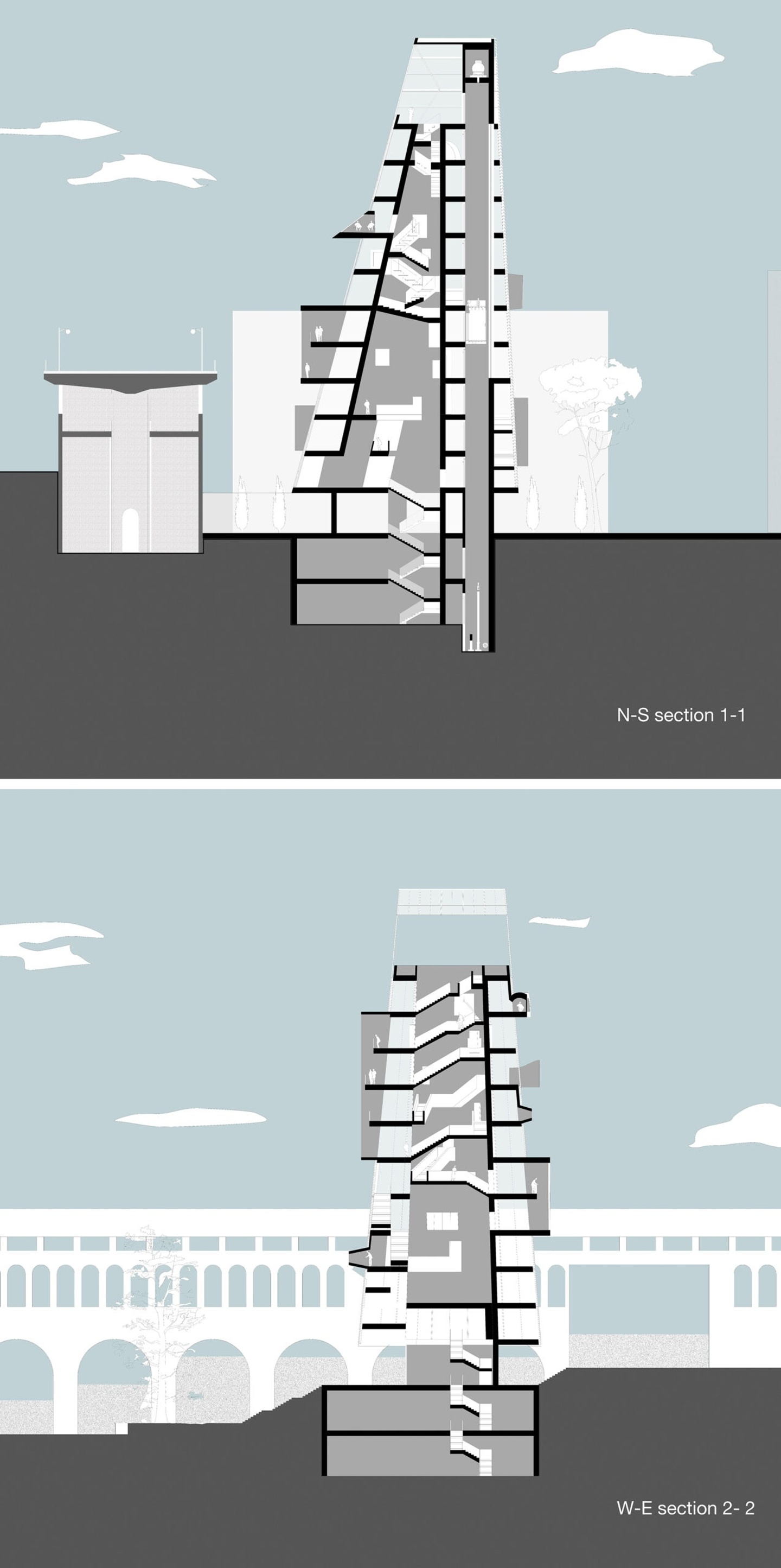 Computer drawings of two sections of the transverse and longitudinal views of a tapered multi-story building adjacent to the Eads Bridge in St. Louis.