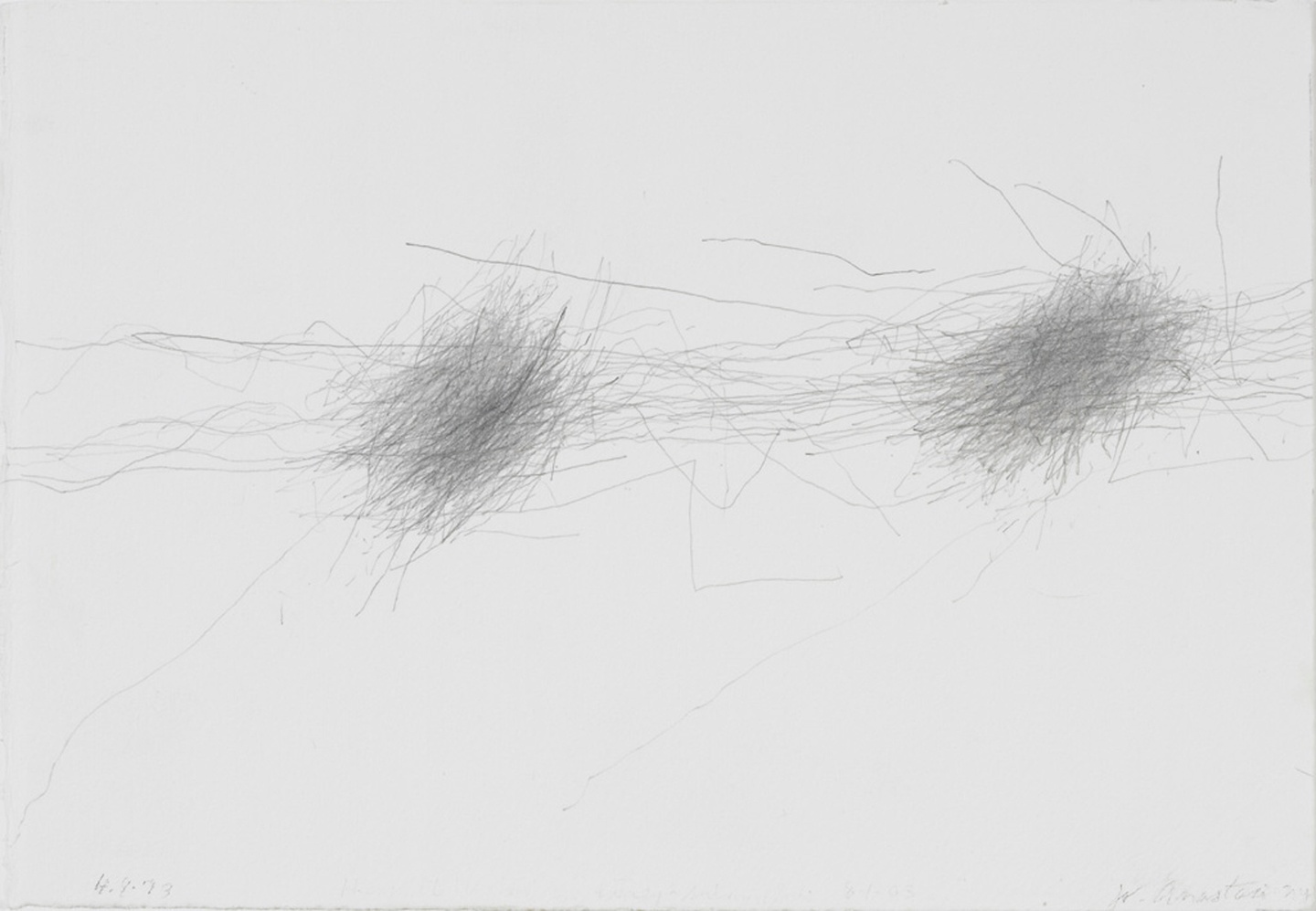Pencil on paper drawing featuring two circular masses of many pencil strokes, with fainter, more scattered lines emanating from them.