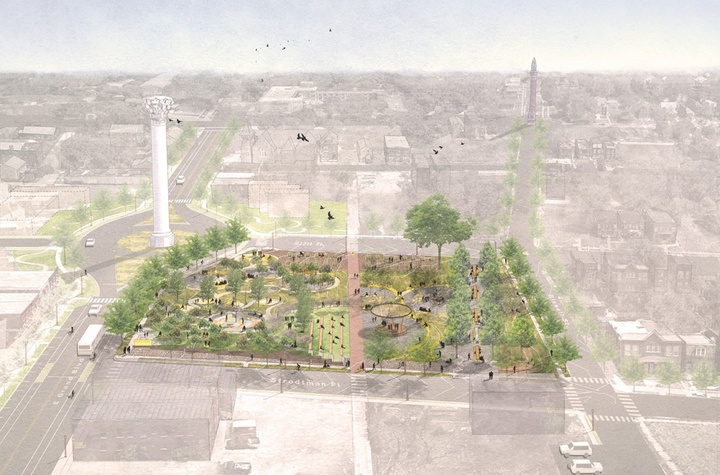 A computer rendering of an aerial view of Peace Park with black figures depicting people and birds. The two area water towers in the background.