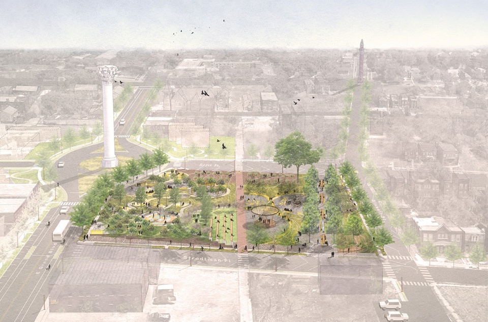 A computer rendering of an aerial view of Peace Park with black figures depicting people and birds. The two area water towers in the background.