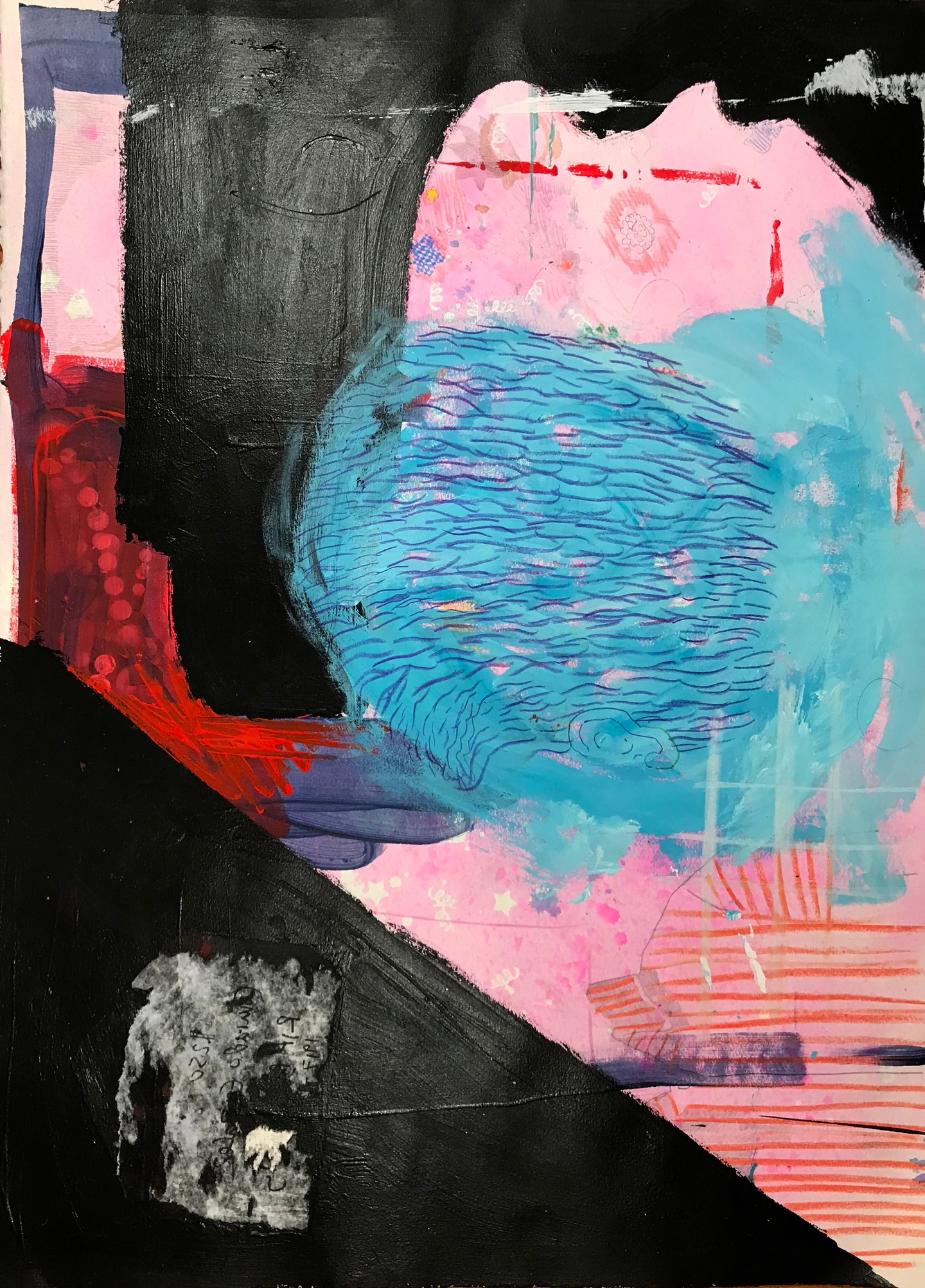 Abstract painting with a pale pink ground. A wedge of black covers the bottom left corner, a dark shape hangs over the top edge and extends down towards the middle of the canvas, and a red and teal smudge sit on either side of it. Scratchy line textures have been drawn on top of the teal shape.