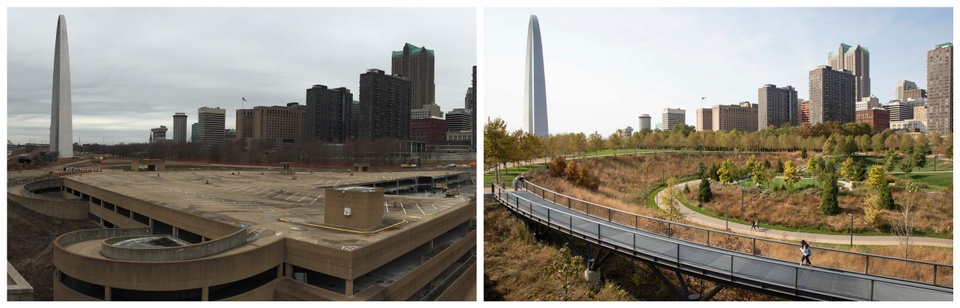 Side-by-side images of Gateway Arch before and after Gateway Arch Park redevelopment.