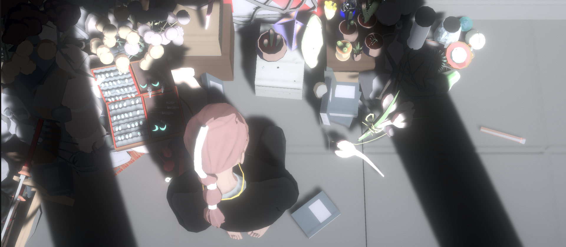 An overhead view of an animated girl kneeling on a floor scattered with items including several books