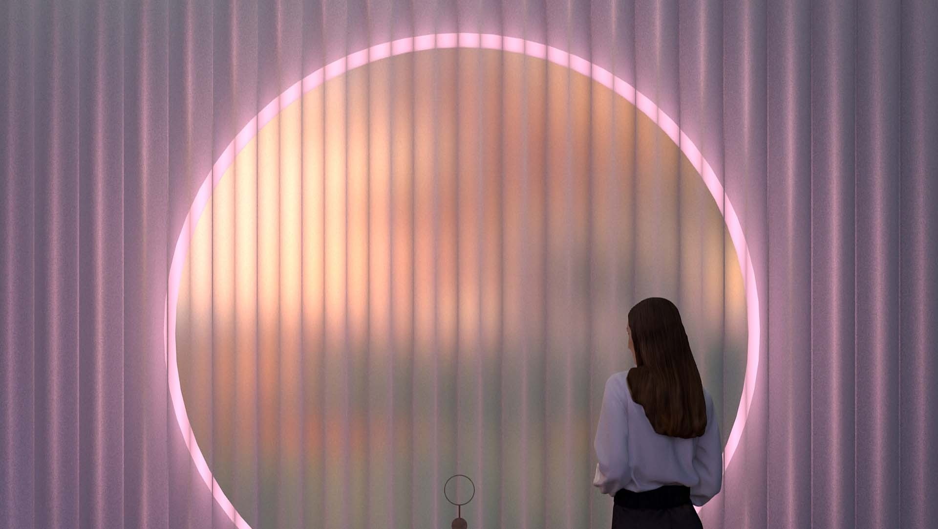 Woman standing in front of circular aperture with spring content behind sheer curtain