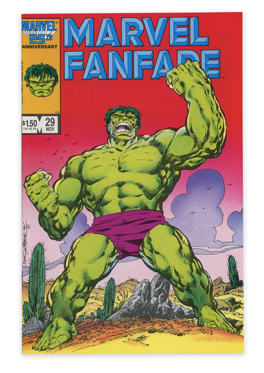 The cover of the comic Marvel Fanfare featuring the Hulk standing in a desert-like scene. Small text on the upper left corner says MARVEL 25TH ANNIVERSARY.