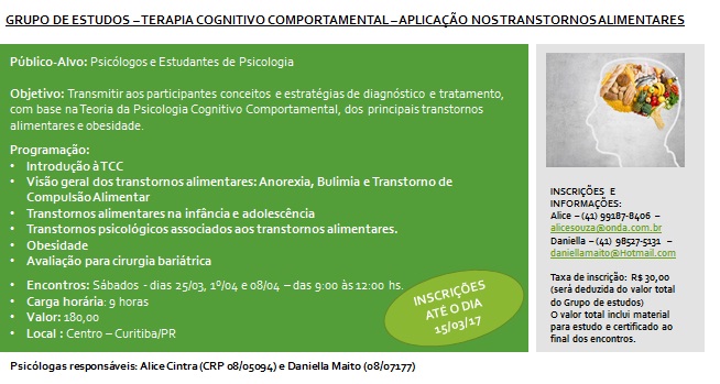 GRUPO DE ESTUDOS - APLICAÇÃO DA TCC NOS TRANSTORNOS ALIMENTARES