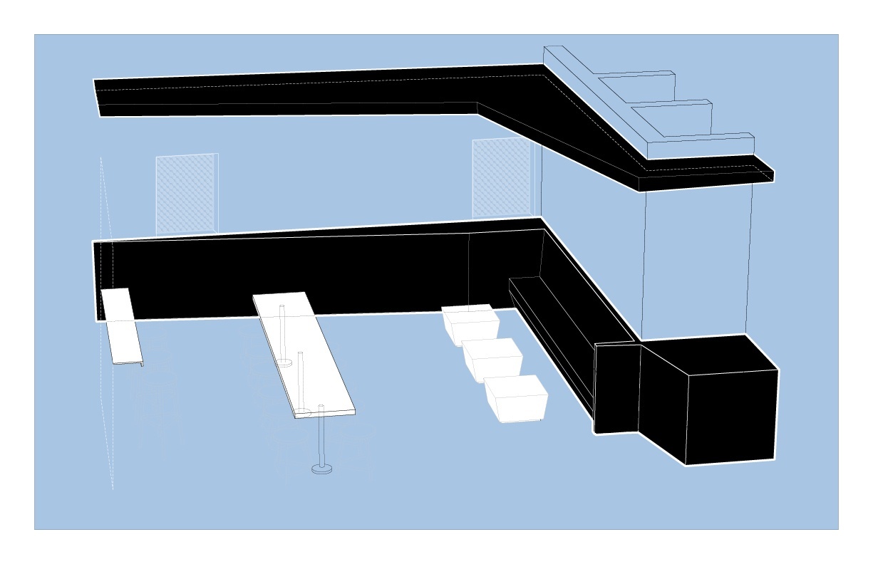 Axon drawing of bench and table seating arrangements on a pale blue background.
