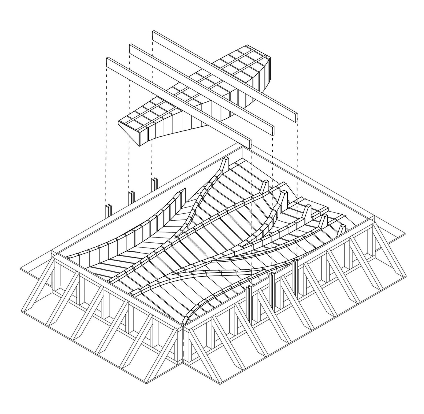 Architectural wireframe rendering of a concrete prototype wave-like structure