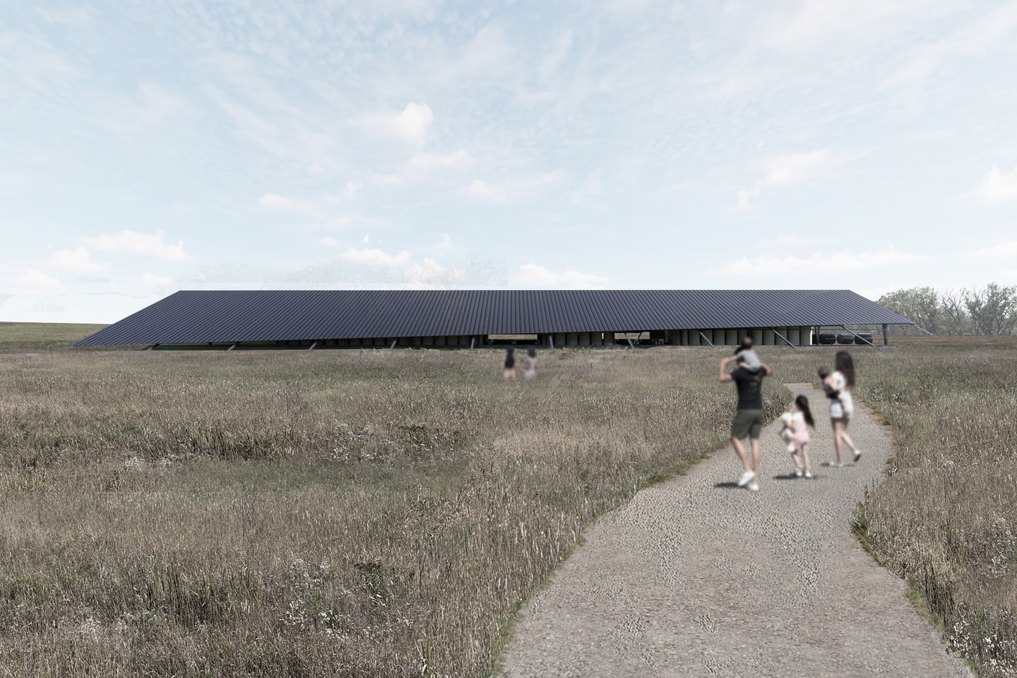 Architectural rendering of a long, low building with a dark sloped roof nestled in a prairie field, with a family walking along a gravel path toward it.